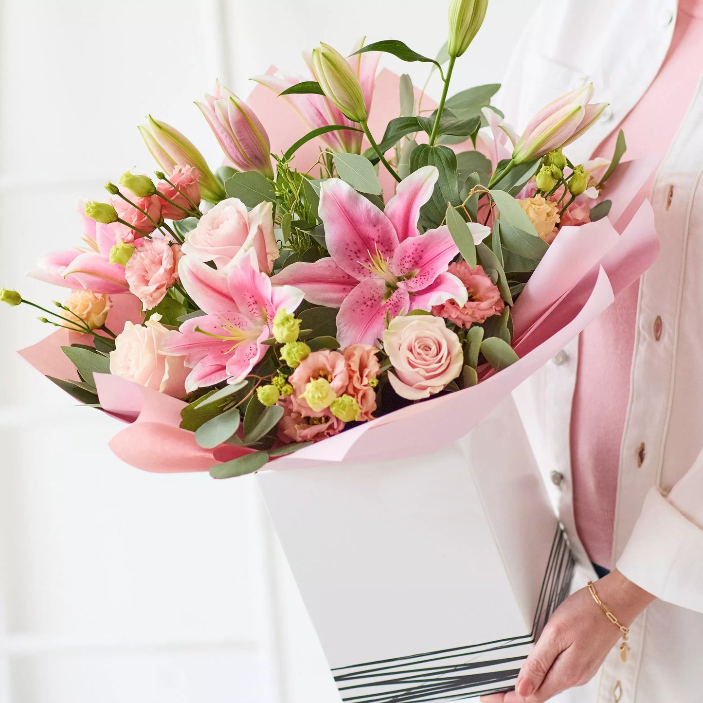 Blush Harmony: Pink Lilies, Roses, and Eucalyptus Bouquet