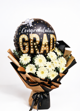 Elegant Graduation Flower Bouquet with Congrats Grad Balloon | Luxury White Daisy Arrangement