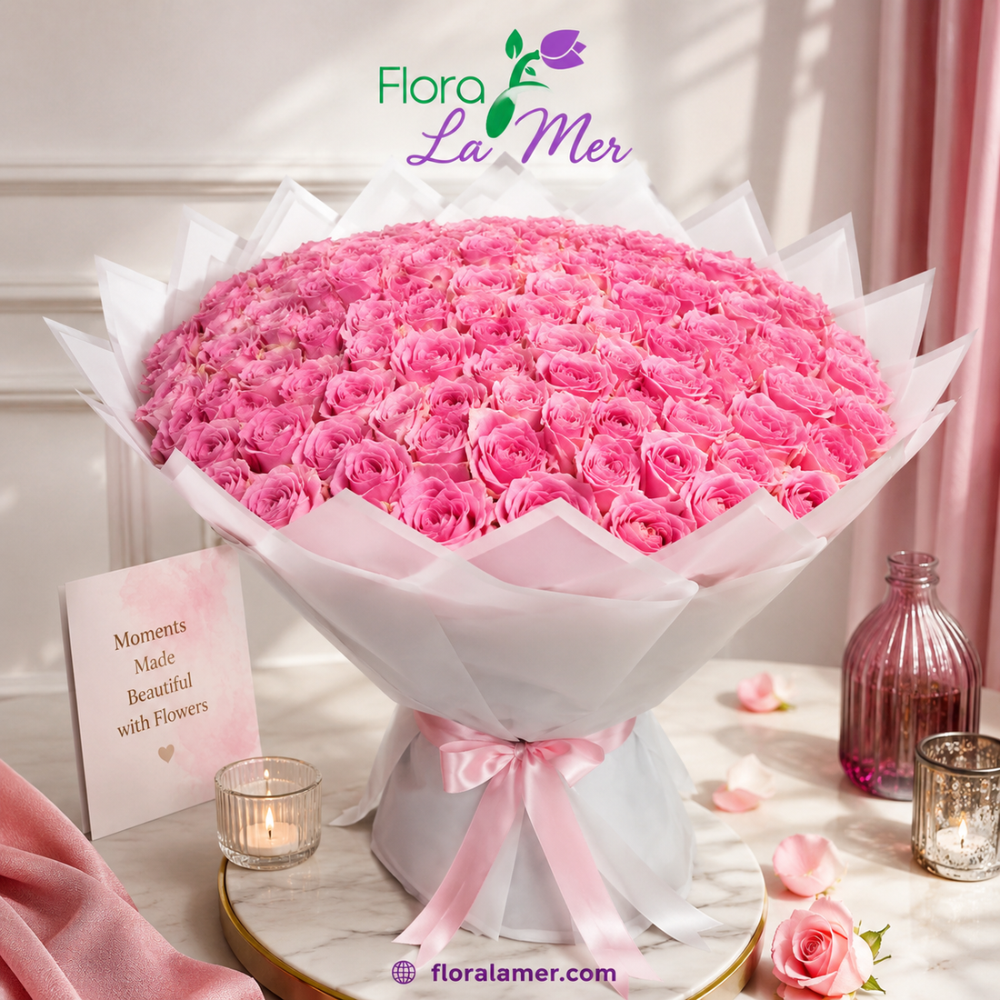 101 pink roses bouquet in Dubai by Flora La Mer, luxury pink rose flower arrangement for romantic gifting and special occasions.