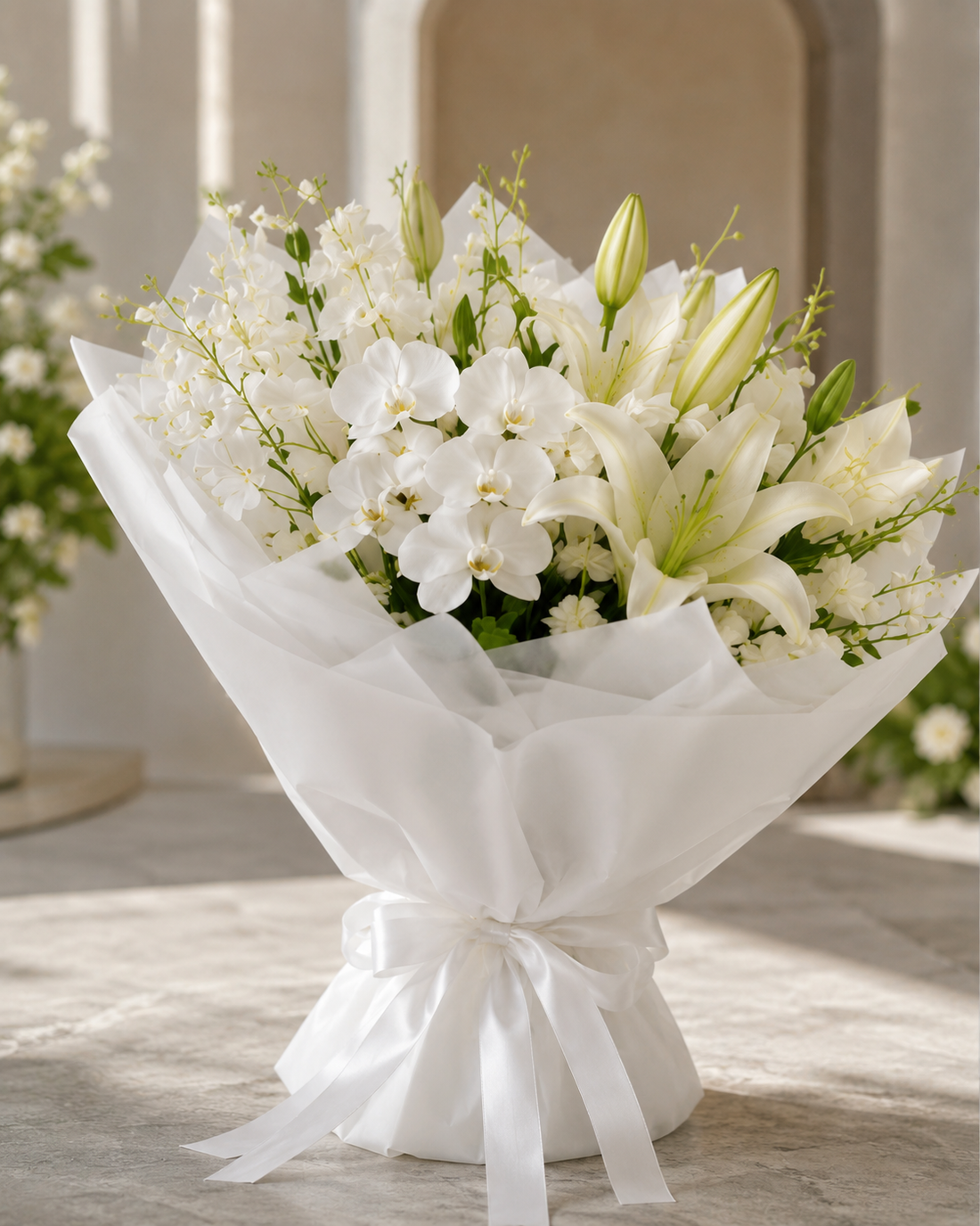 White Lily and Orchid Bouquet in Dubai | Luxury Fresh Flowers by Flora La Mer
