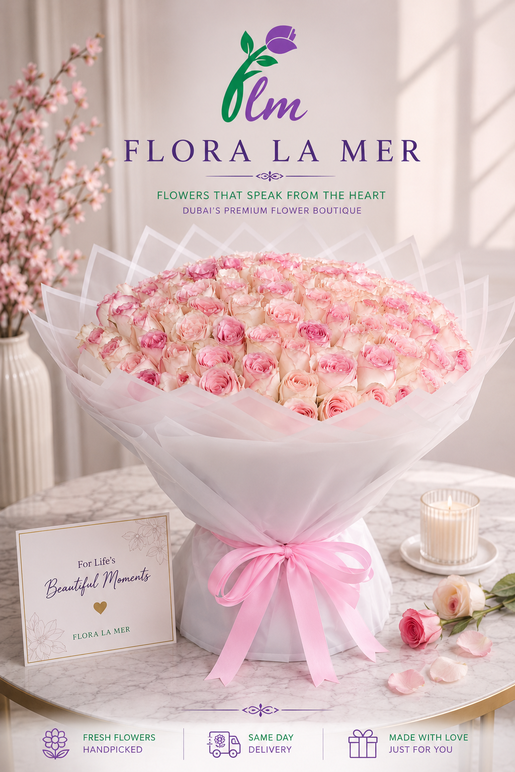 Elegant pink flower bouquet with fresh flowers for delivery in Dubai by Flora La Mer