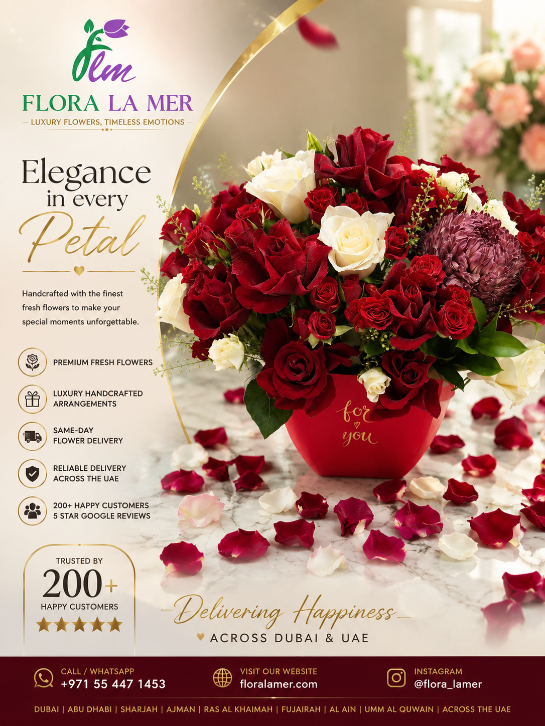 Luxury Red and White Rose Arrangement in Premium Vase with Same-Day Flower Delivery in Dubai UAE | Flora La Mer