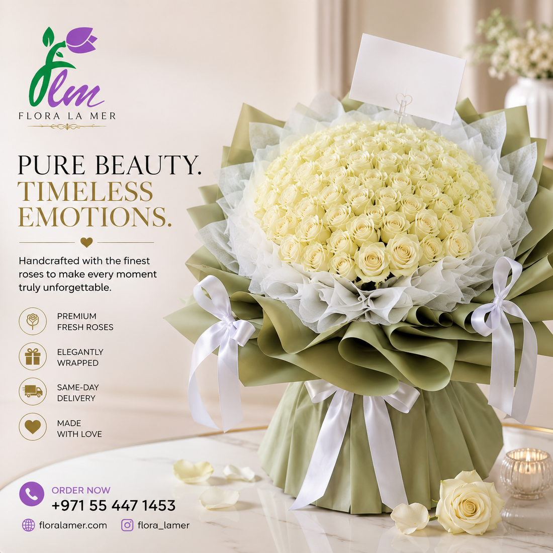 Luxury White Rose Bouquet by Flora La Mer in Dubai