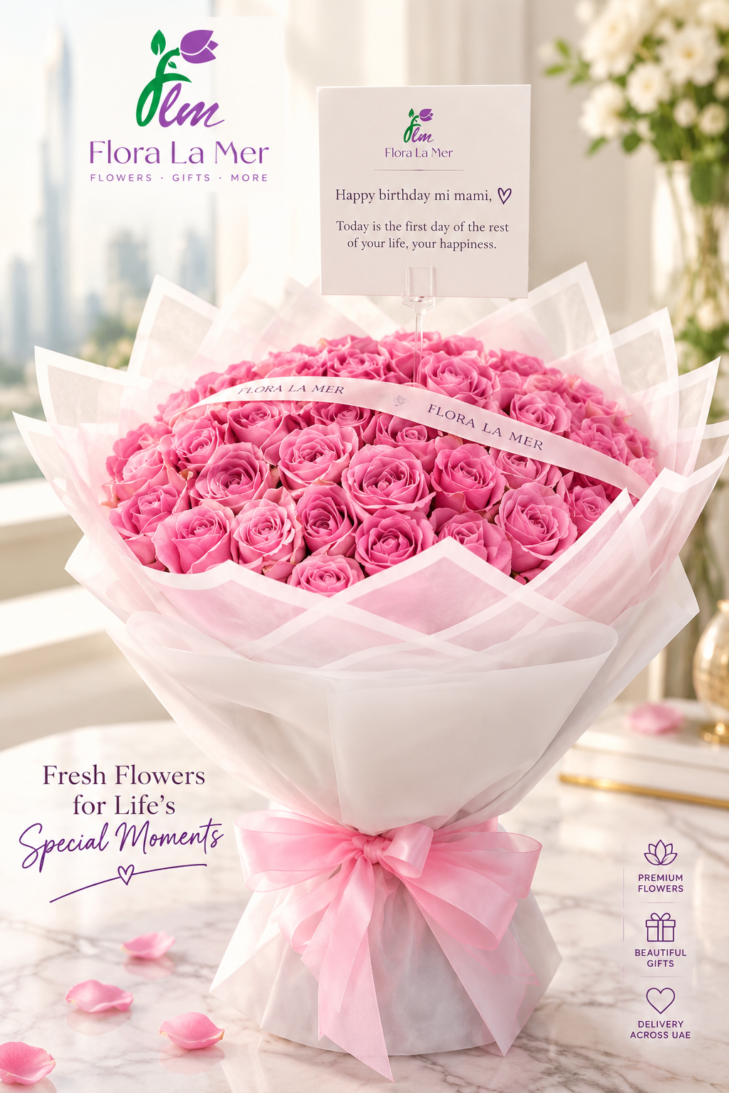 Luxury pink rose bouquet with elegant wrapping for flower delivery in Dubai - Flora La Mer