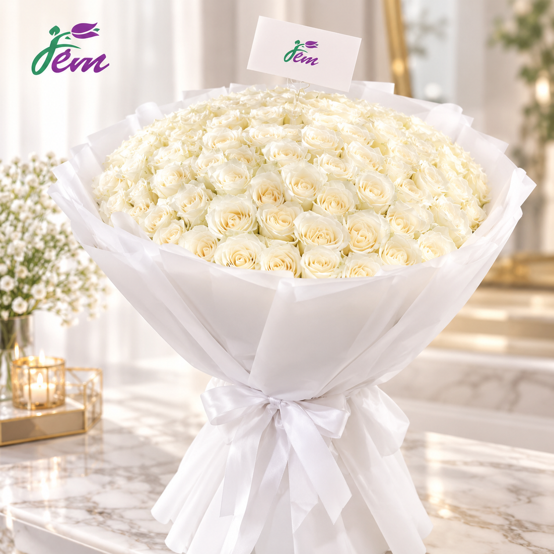 Elegant white rose bouquet with fresh premium roses delivered by Flora La Mer in Dubai