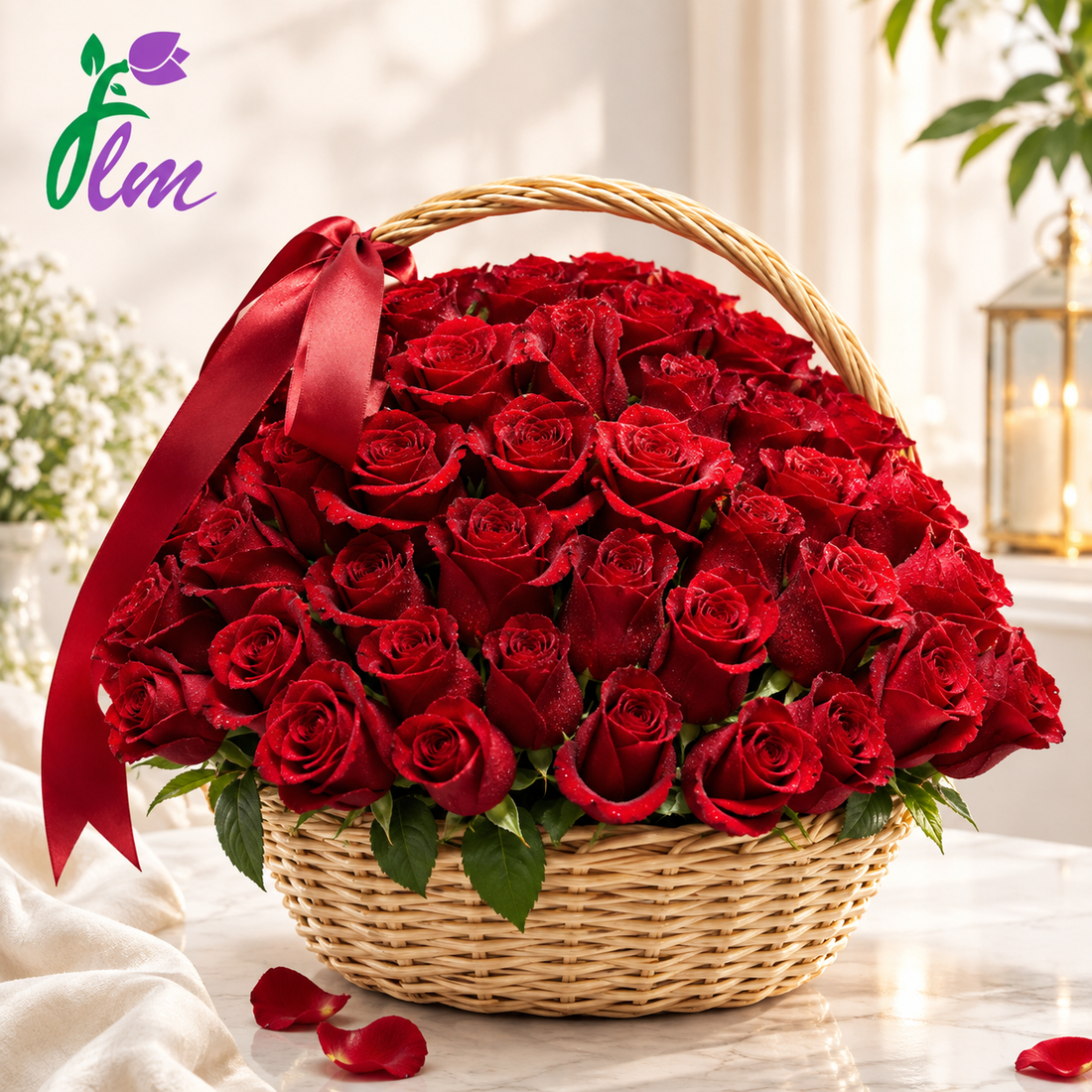 Luxury red rose basket with fresh red roses and satin ribbon by Flora La Mer in Dubai