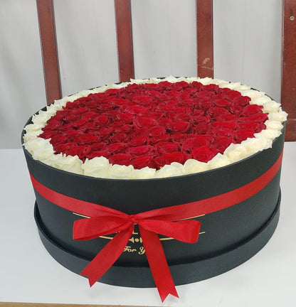 Red & White Roses in Black Box