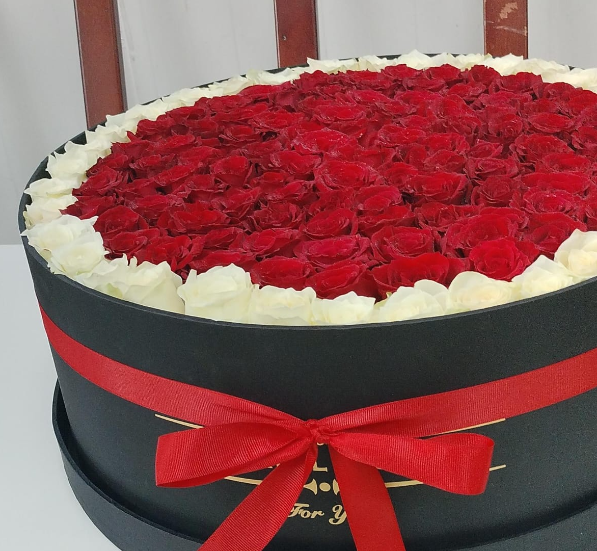 Red & White Roses in Black Box