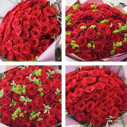 Love’s Essence: 51 Red Roses and Graceful Greenery