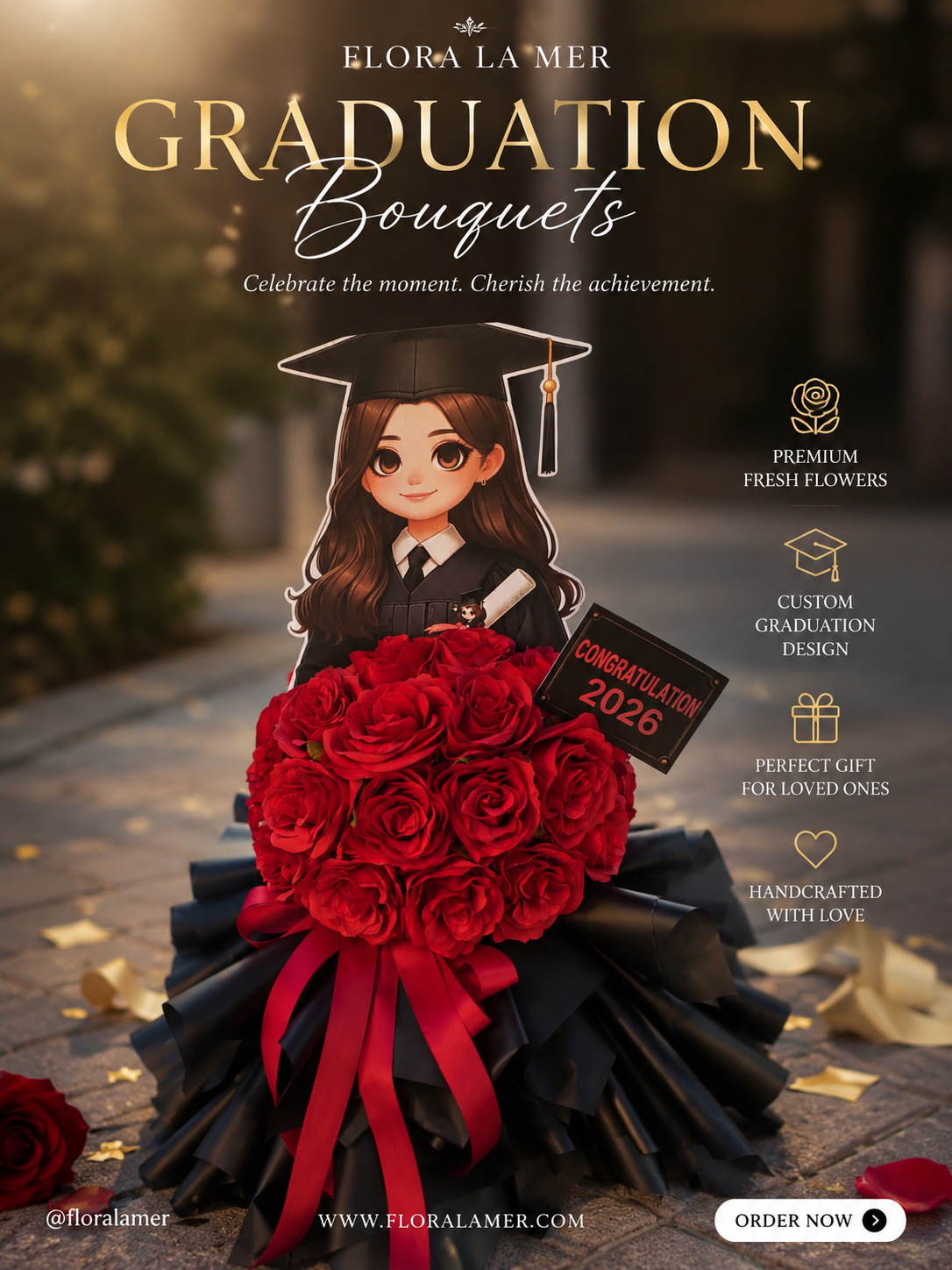 Artificial red rose graduation bouquet with graduation girl topper and Congratulations 2026 sign wrapped in luxury black paper.