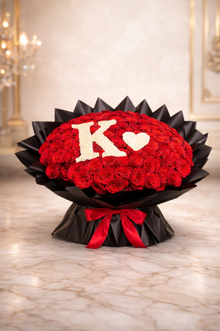 Luxury Rose Bouquet with Personalized Letter & Heart Design