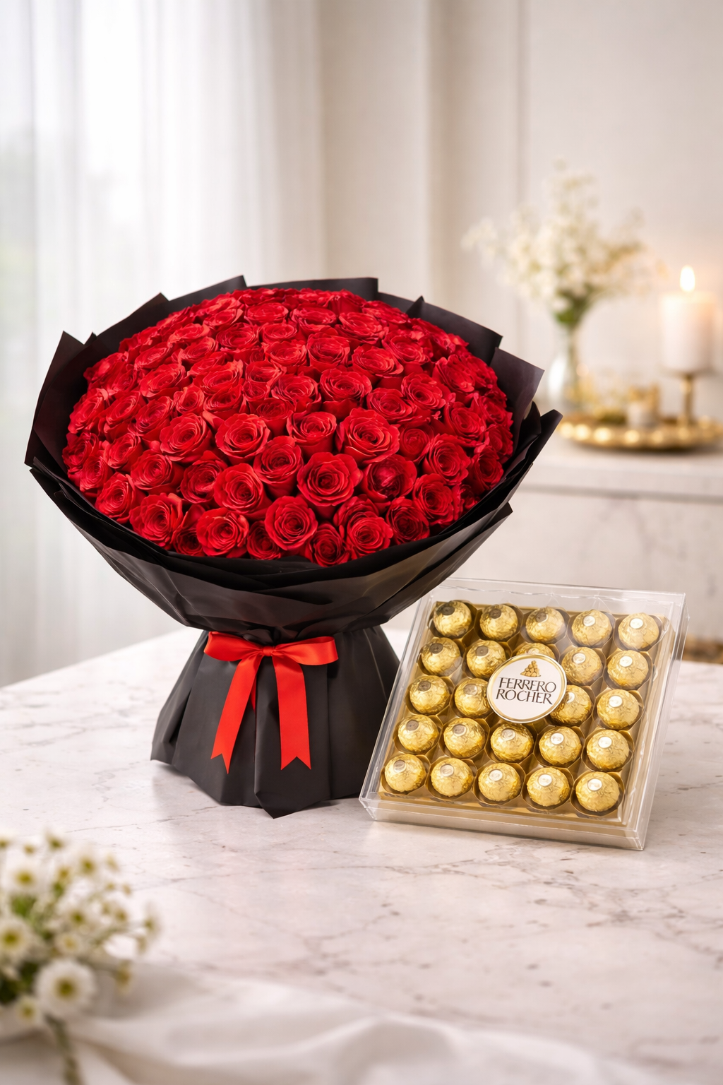 Romance of Red Rose with Ferrero Rocher Chocolate
