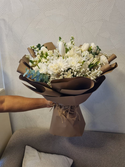 Pure Serenity: White Chrysanthemum & Tulip Bouquet