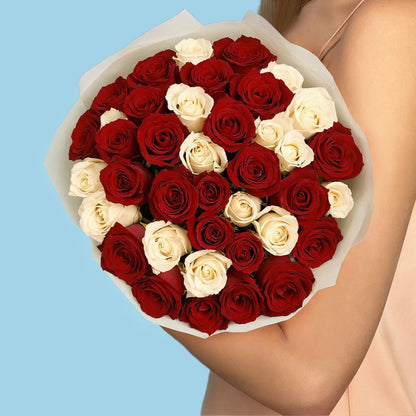 Elegant Fusion: 33 White and Red Roses