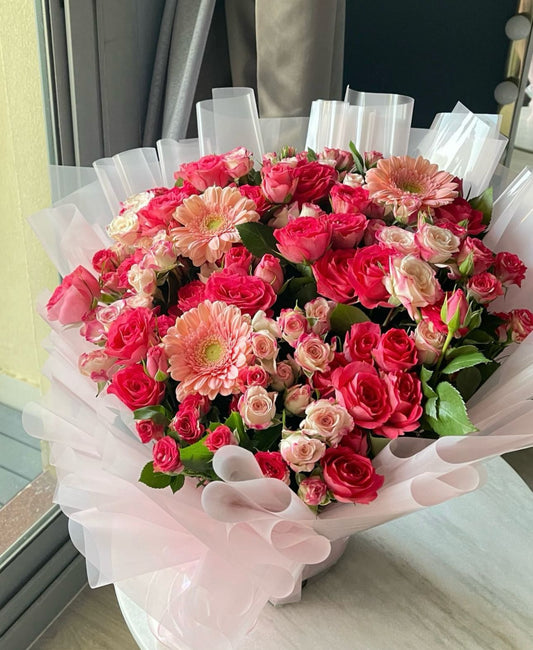 Blushing Harmony: Spray Rose and Gerbera Delight Bouquet