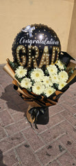 Elegant Graduation Flower Bouquet with Congrats Grad Balloon | Luxury White Daisy Arrangement