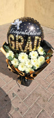 Elegant Graduation Flower Bouquet with Congrats Grad Balloon | Luxury White Daisy Arrangement
