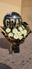 Elegant Graduation Flower Bouquet with Congrats Grad Balloon | Luxury White Daisy Arrangement