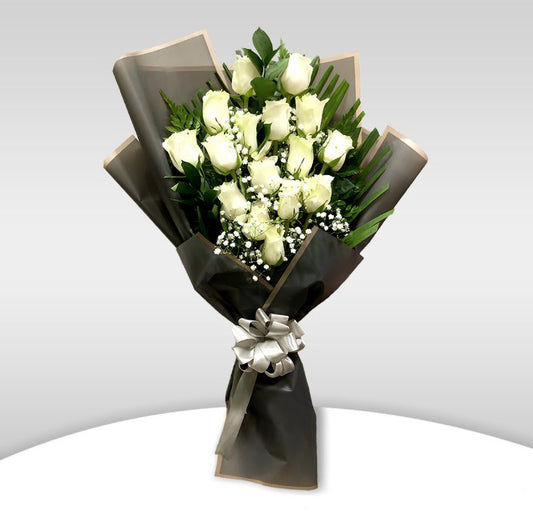 Serene Bouquet of White Roses and Palm Leaves