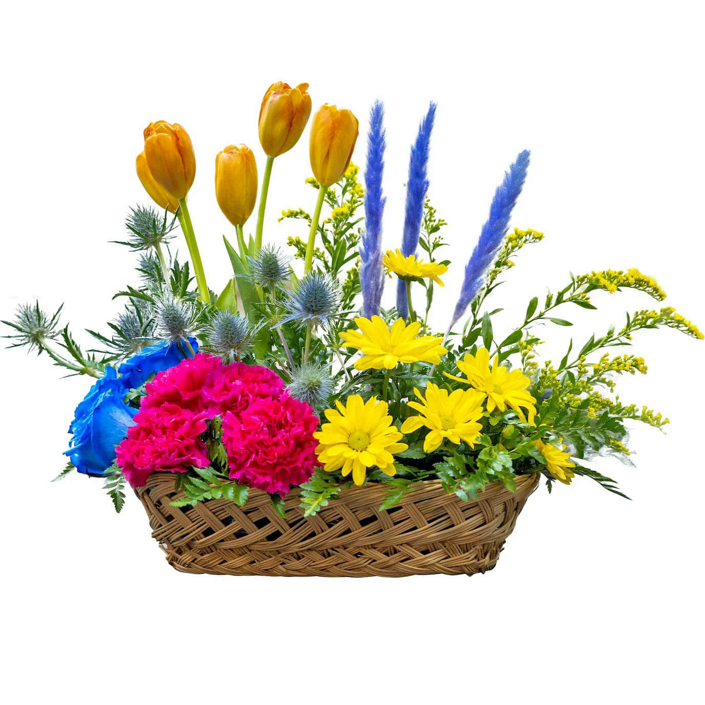 This Beautiful Flowers Basket is made with a variety of fresh flowers, including roses, lilies, gerberas, and carnations. The flowers are arranged in a cascading style, and the basket is decorated with ribbon and greenery.