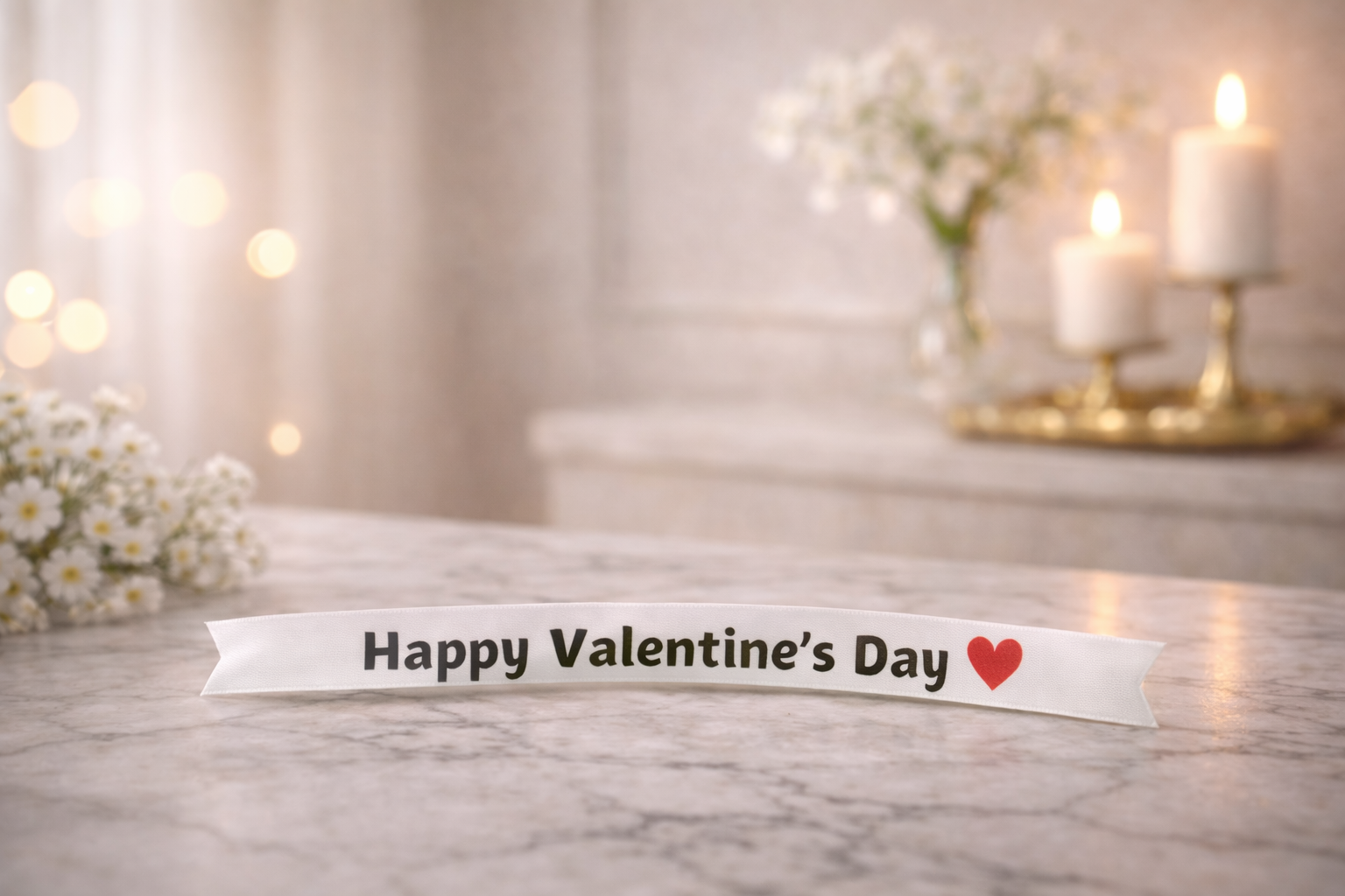 Happy Valentine’s Day ribbon for flower bouquet with romantic candle background – luxury flower delivery in Dubai